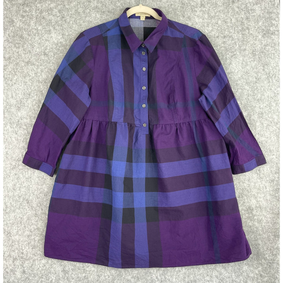 Burberry Dresses & Skirts - Burberry Brit Shirtdress Dress Womens XL Purple Plaid 3/4 Sleeve Cotton Pocket